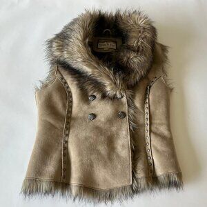 Women Apparel Faux Fur Lined Double Breasted Suede Vest, Lt Khaki, Size